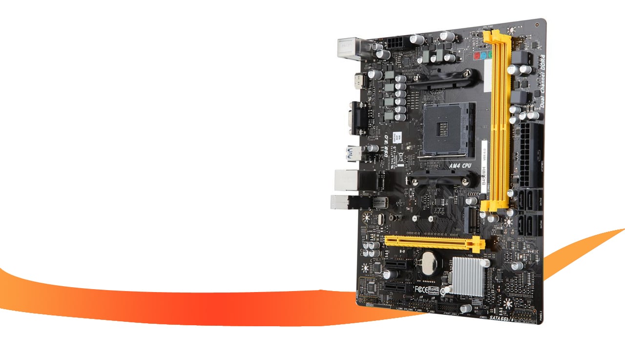 A motherboard is tilted toward the left